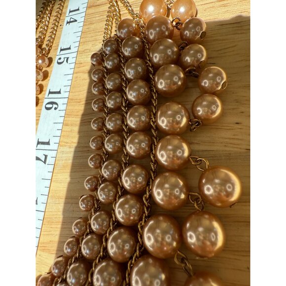 Gold Tone Multi-Layered Faux Pearl Statement Necklace With Clear Beads & Adjusta - Picture 7 of 9
